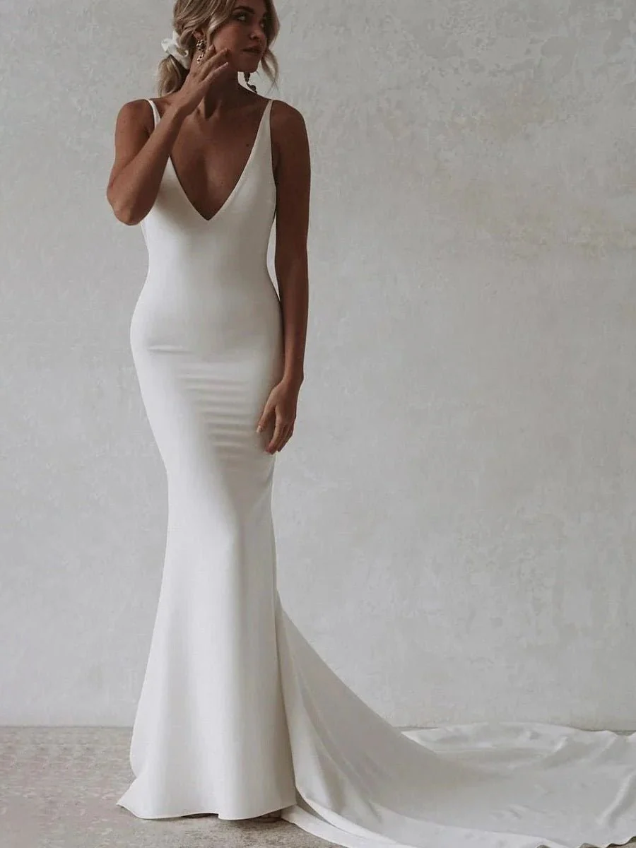 Elegant Mermaid V-Neck Elastic Satin Long Wedding Dresses