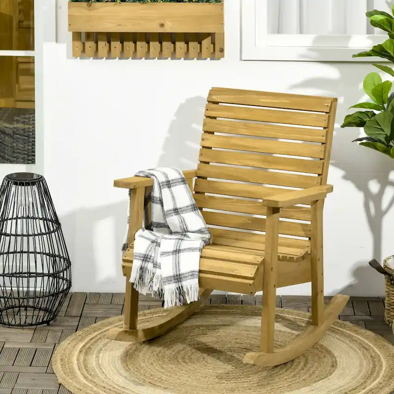 Outsunny Wooden Outdoor Rocking Chairs, Patio Traditional Rocking Chair, Slatted Structure Porch Rocker w/ Armrest