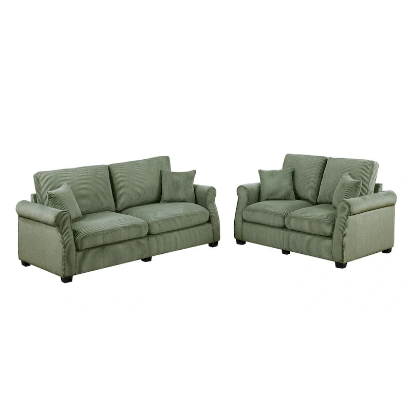 2 Piece Corduroy Upholstered Sofa Set with Thick Back and Seat