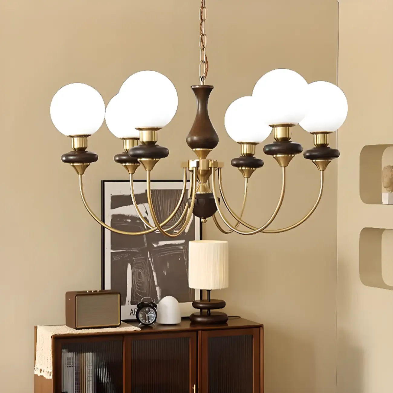 Simple Wood Gold White Glass Orb Chandelier