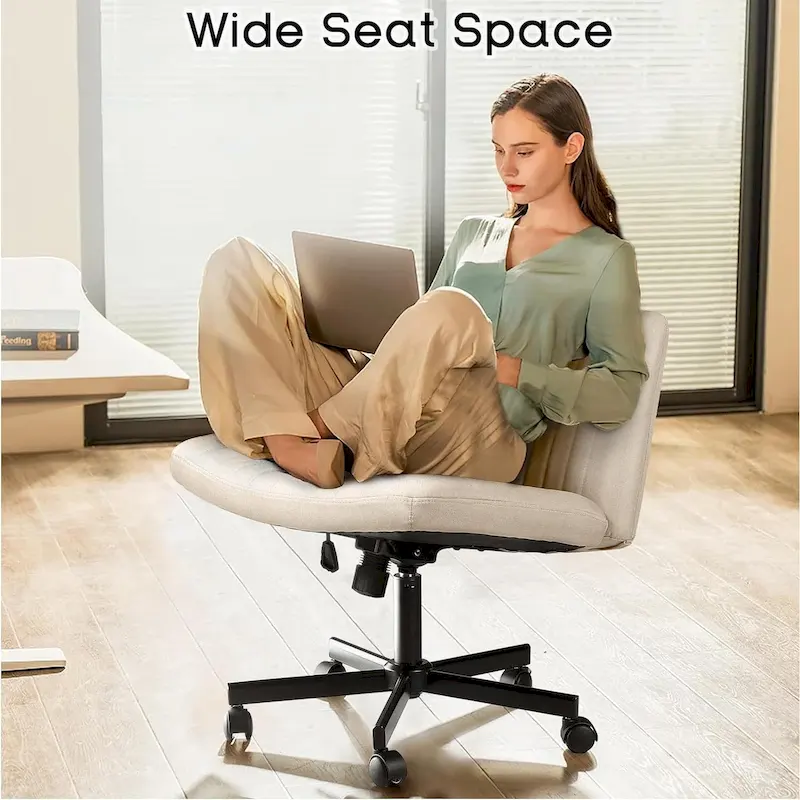 Bossin Criss Cross Chair Armless Office Desk Chair with Wheels,Fabric Padded Cross Legged Chair, Swivel Wide Seat Vanity Chair
