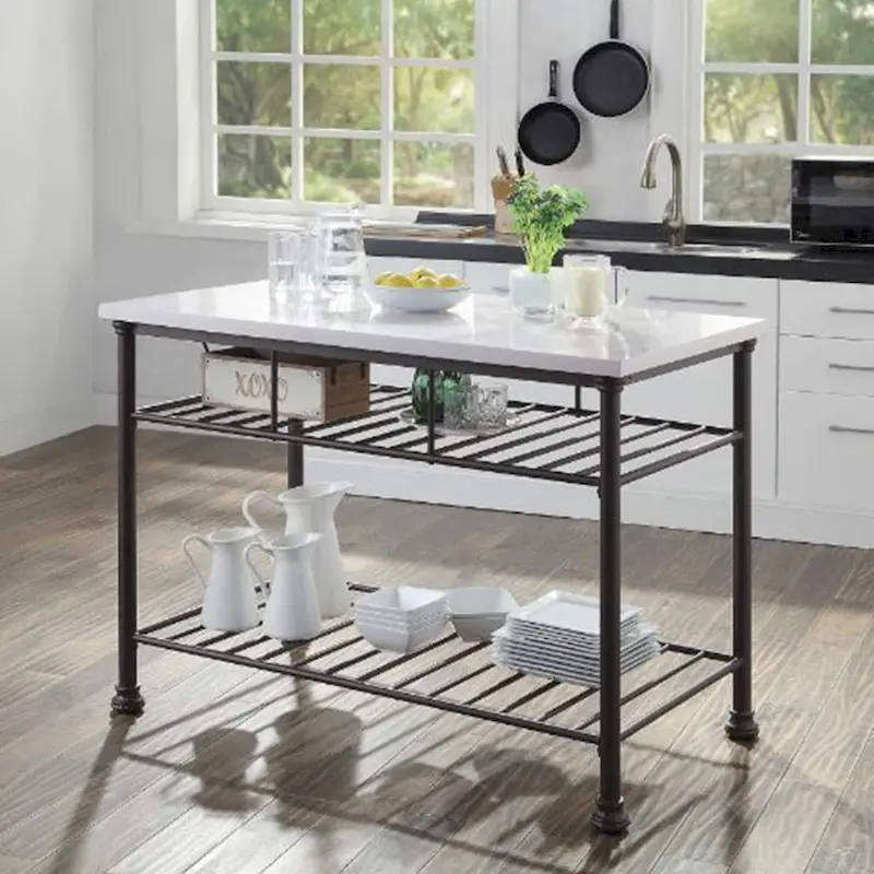 Kitchen Island with Marble Top in White and Gray