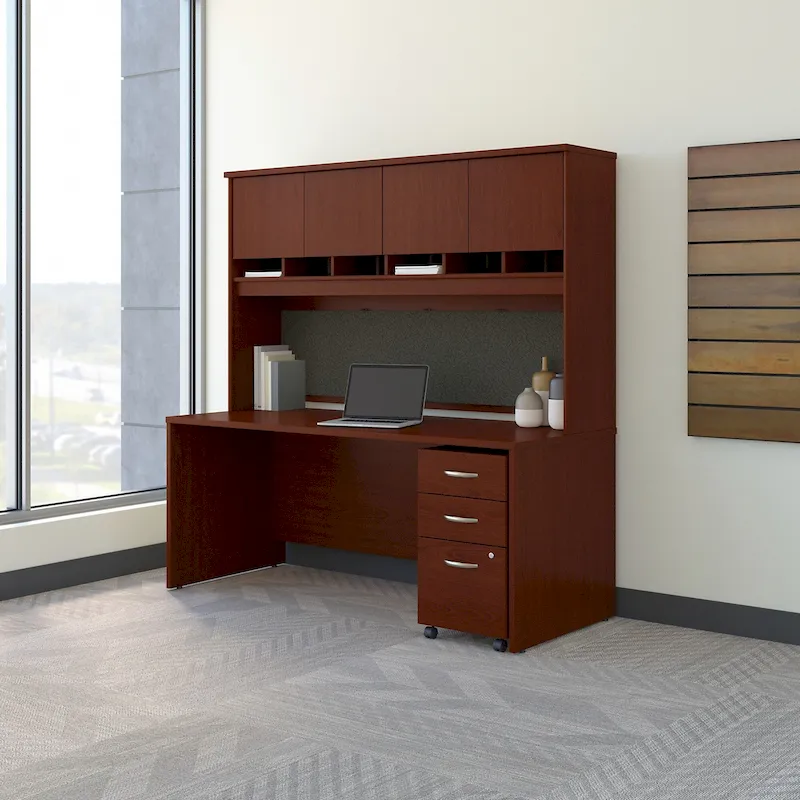 Mahogany / Cherry / Graphite Gray 72-Inch Office Desk with 4-Door Hutch & Mobile File Cabinet, 1-Person