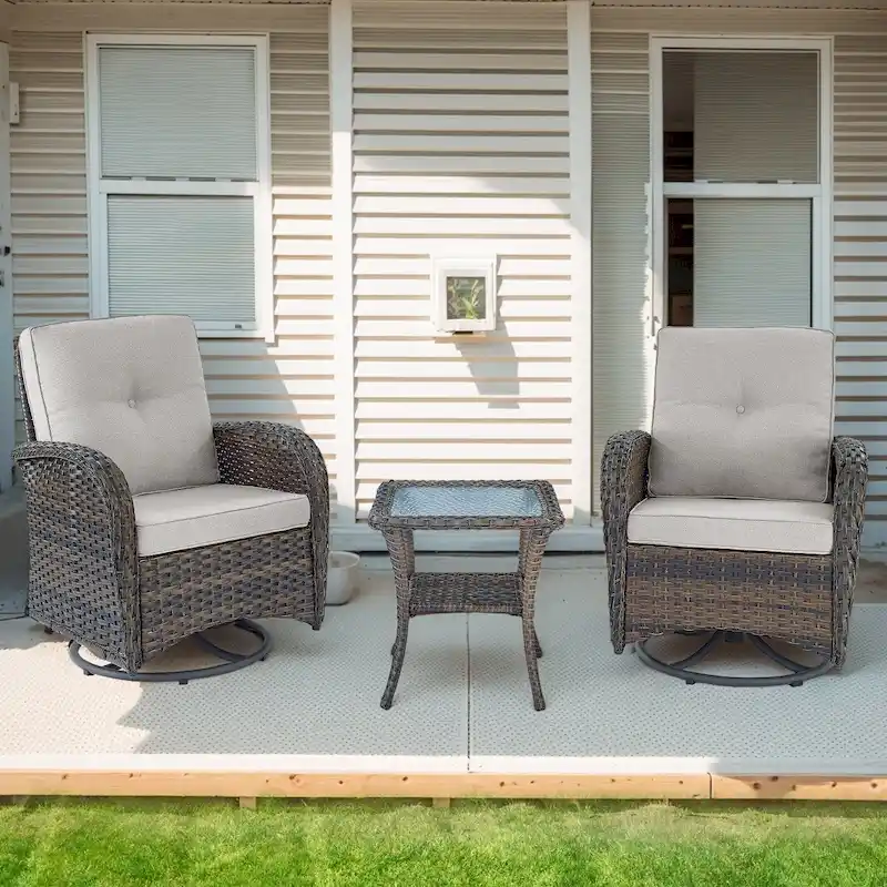 Outdoor Swivel Chairs with Rattan Side Table - Brown