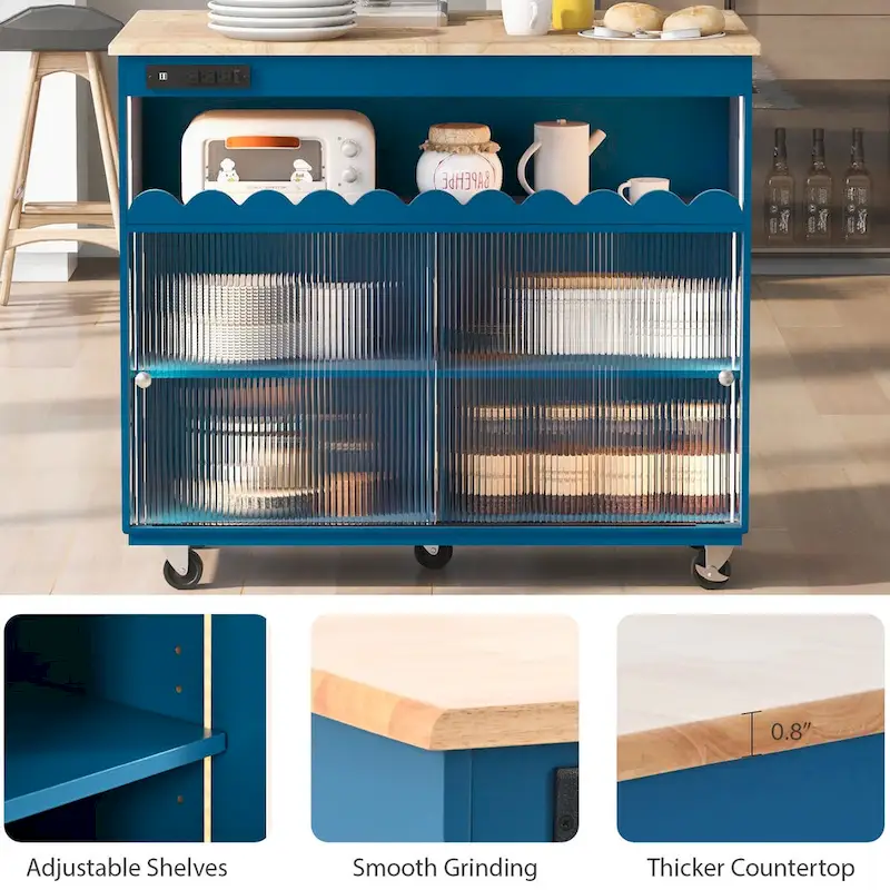 44 in. W Kitchen Island Rubberwood Drop-Leaf Countertop on 5 Wheels with Open Shelf and Wine Rack - 44