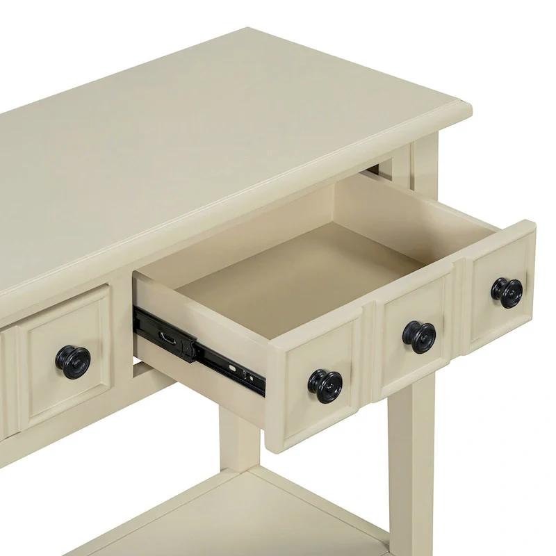 38.2 Rustic Console Table with Open Shelf and Three Drawers, Rubber Wood Legs