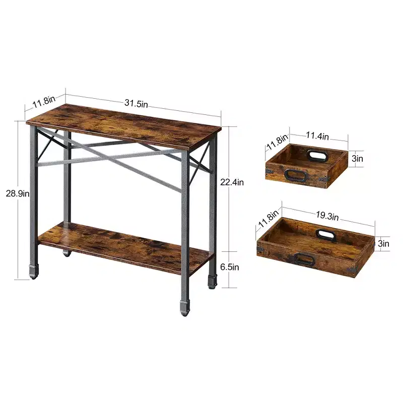 VECELO Vintage Console Side Table with 2 Removable Trays, Narrow Side Table with Open Rectangle Shelf, Brown