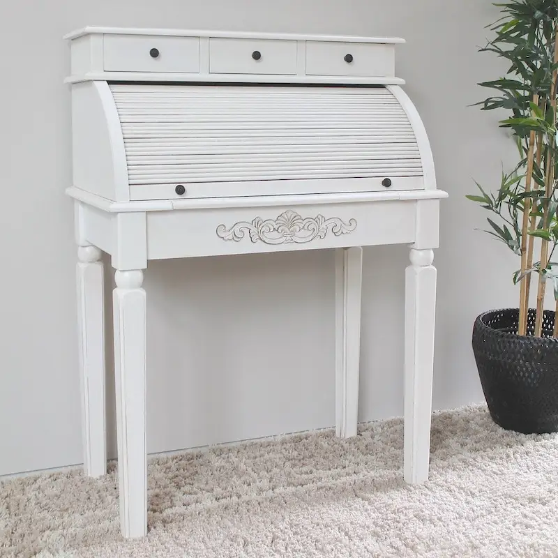 Hand-Carved Hardwood Roll Top Desk with 5 Drawers, Antique White Finish