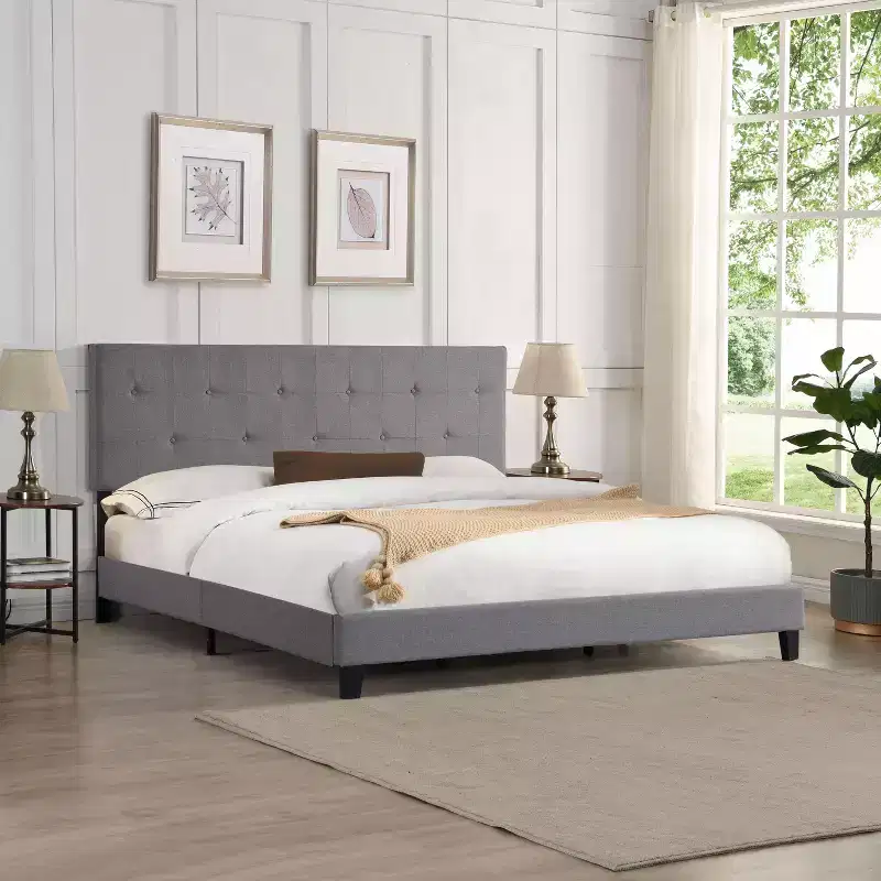 Okak King Size Bed Frame with Linen Fabric Headboard, Upholstered Platform Bed Frame with Wood Slat Support for Bedroom, Gray
