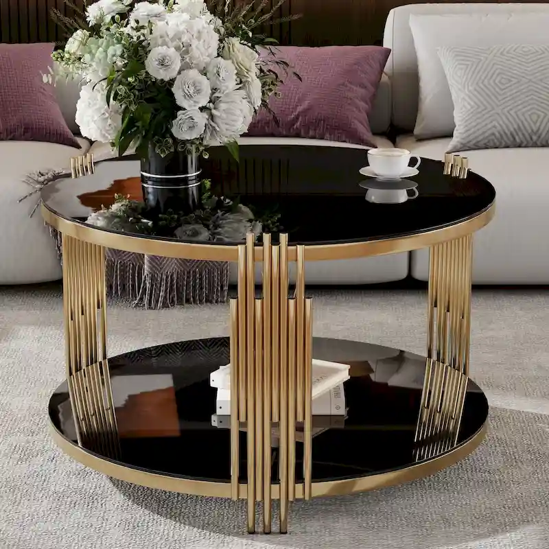 Modern Black Mirror Coffee Table with Gold Finish & Lower Shelf