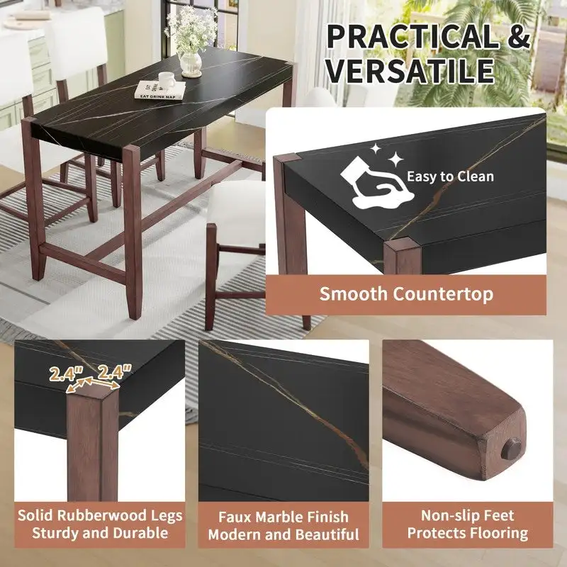 Modern 5-Piece Counter Height Dining Table Set, Faux Marble Bar Table and 4 Upholstered-Seat Chairs