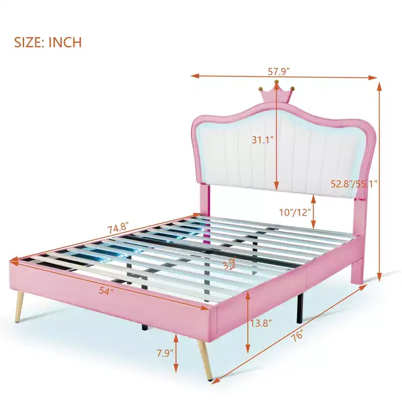 Bellemave Crown Headboard Full Size Princess Bed for Girls,Upholstered Full Bed Frame with LED Lights for Kids,Pink