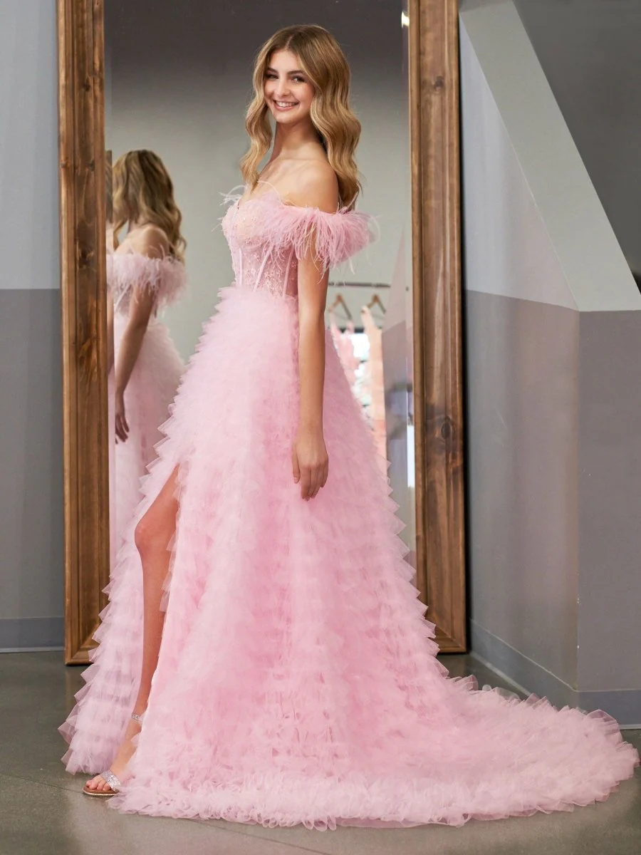 A Line Sweetheart Tiered Tulle Long Prom Dress With Slit