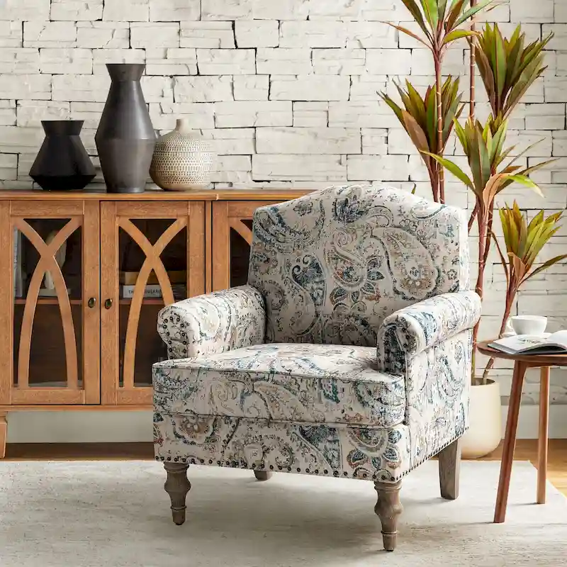 Grey/Navy Farmhouse Nailhead Camelback Armchair, 1-Person