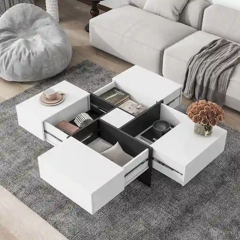 White / Black / Brown Expandable Coffee Table with Hidden Storage, Seats 2–4