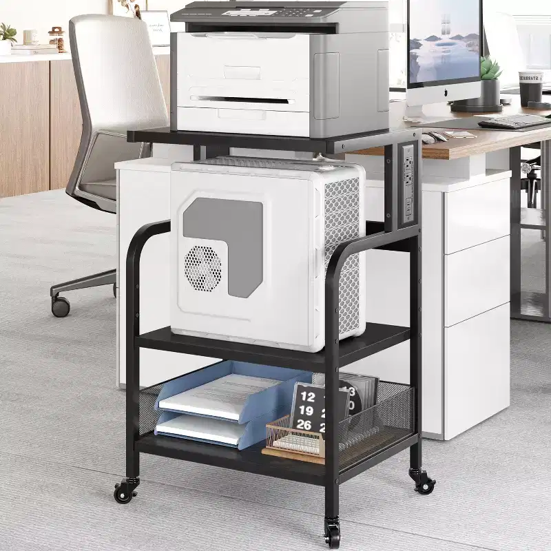 COZONY 3-Tier Rolling Printer Stand with Power Outlet, Adjustable Storage Shelf & Wheels for Home Office, Fax Machine, Scanner