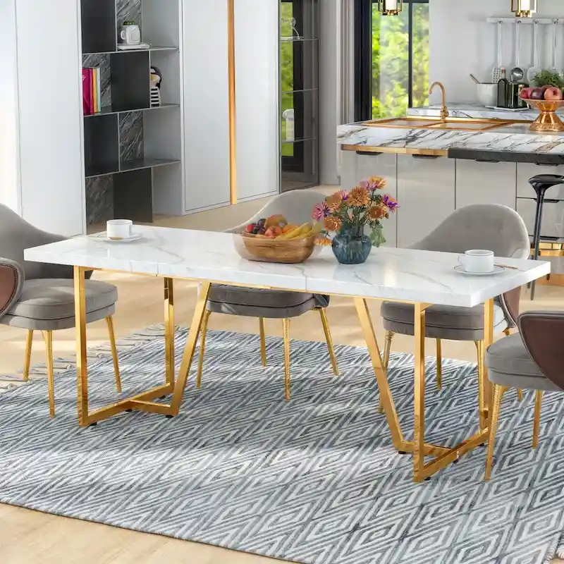 82W Faux Marble Dining Table Rectangular Table for 8-10 People with Metal Legs