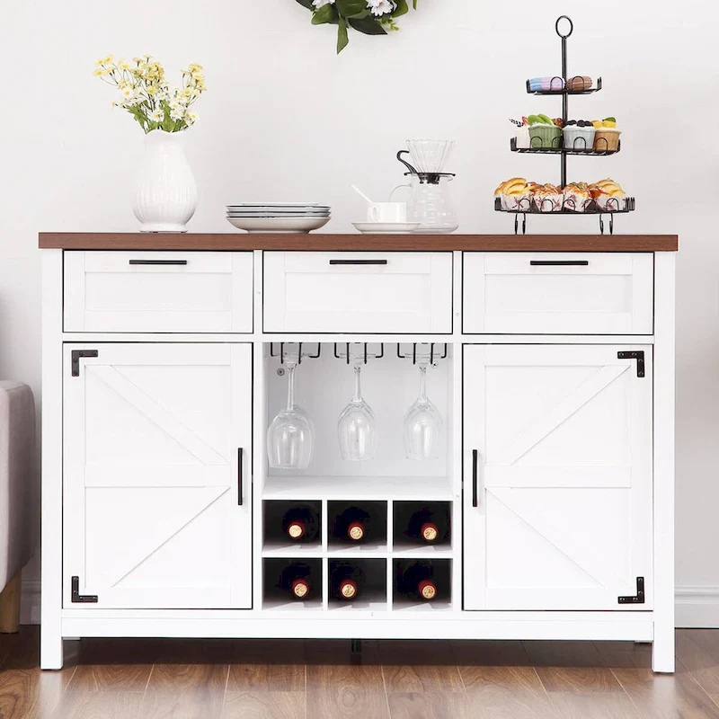 White 3-Drawer Wine Bar Cabinet Sideboard with Cup Rack