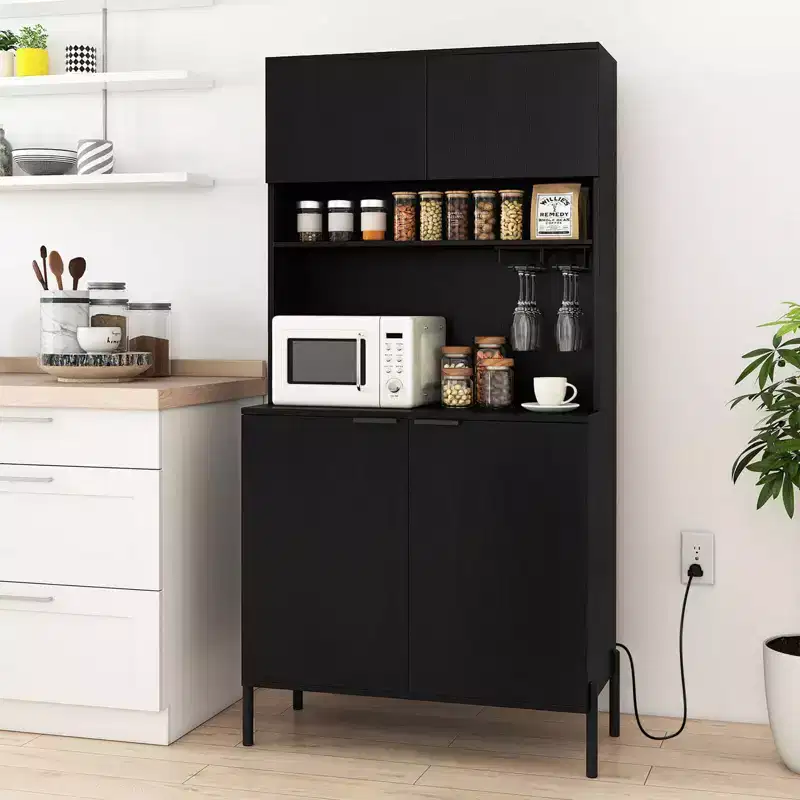Costway 64.5 Kitchen Pantry Cabinet with Charging Station Wine Glass Rack Adjustable Shelf Black/White