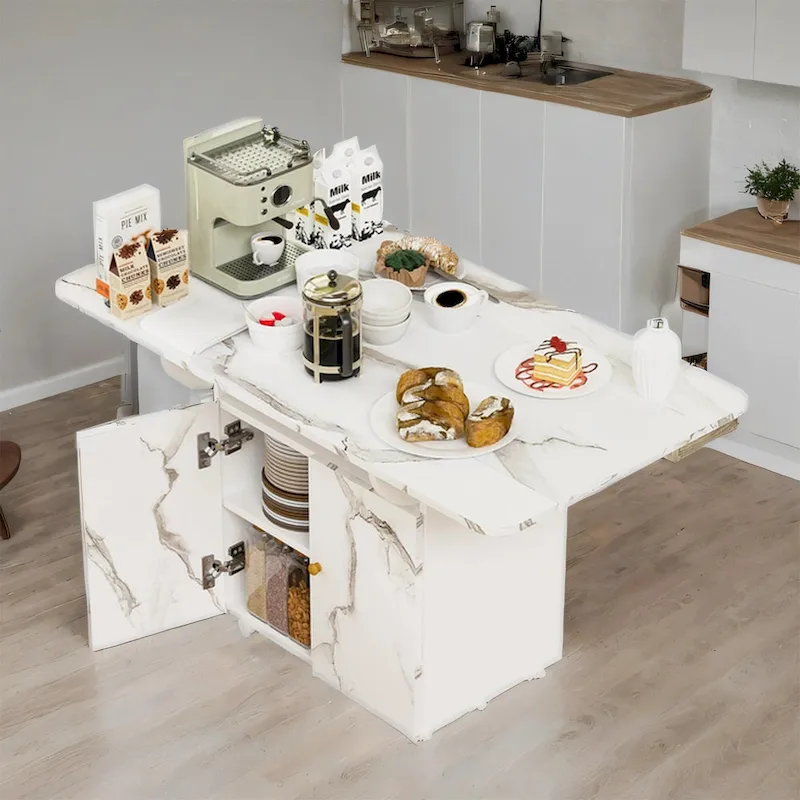 White Marble-Top Rolling Folding Kitchen Island with Storage, Seats 4–6