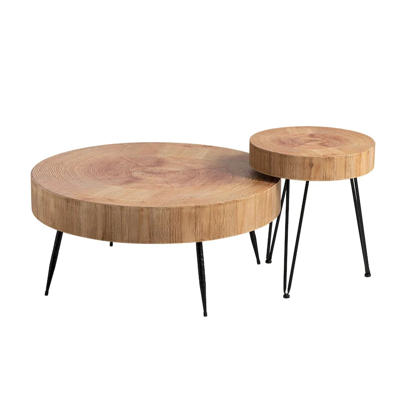 Rustic Cylindrical Wood Veneer Coffee Table – Natural / White / Light Red & Natural