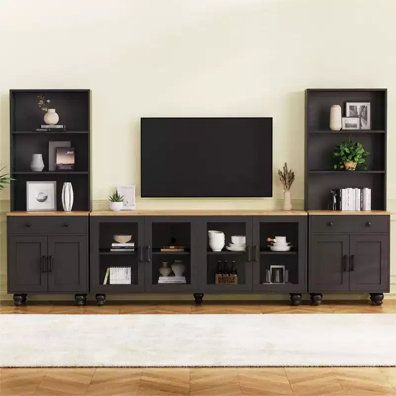 Whisen Farmhouse TV Stand for TVs Up to 70 with Bookshelves and Tempered Glass Doors