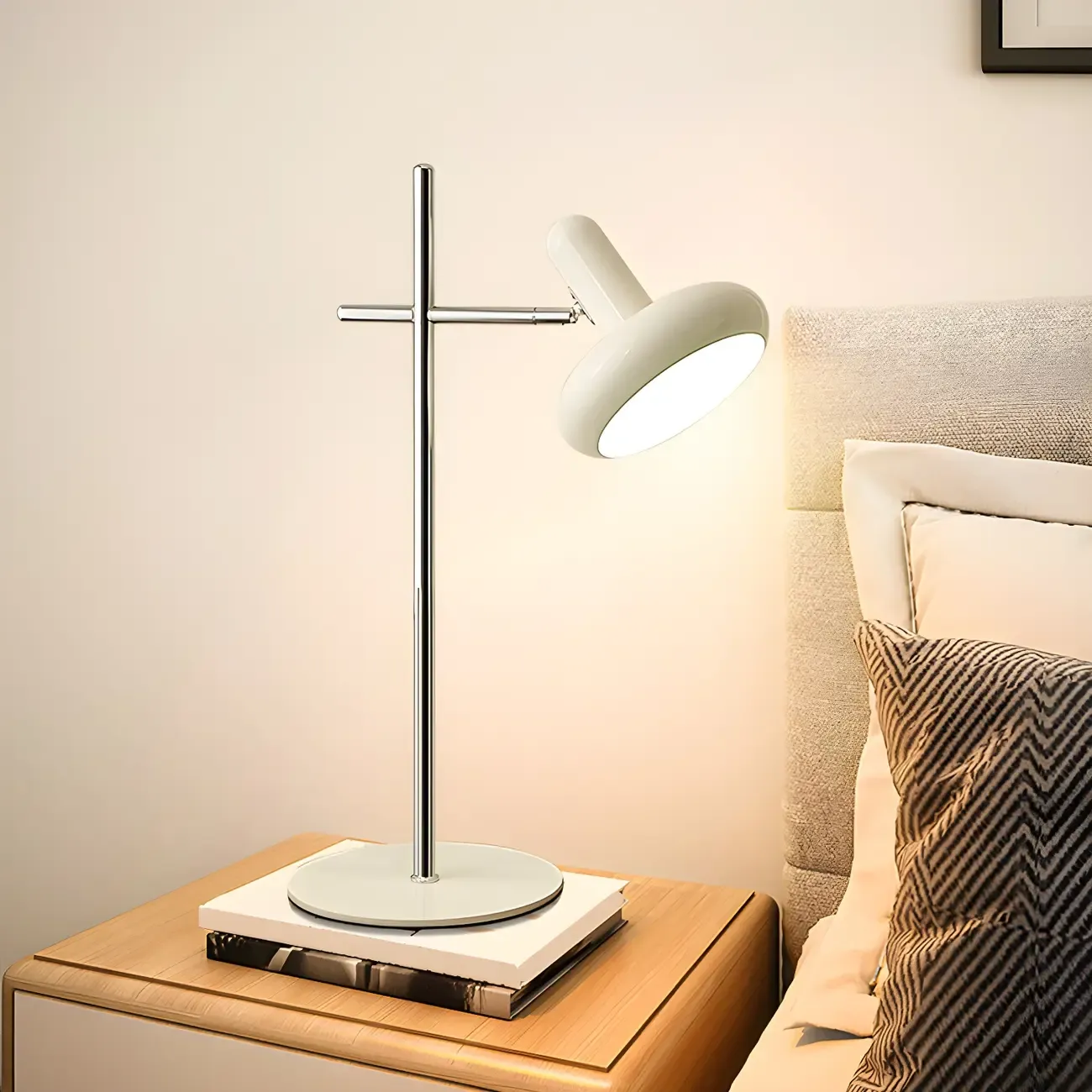 Minimalistic Geometric Off-White Metal Table Lamp for Bedroom