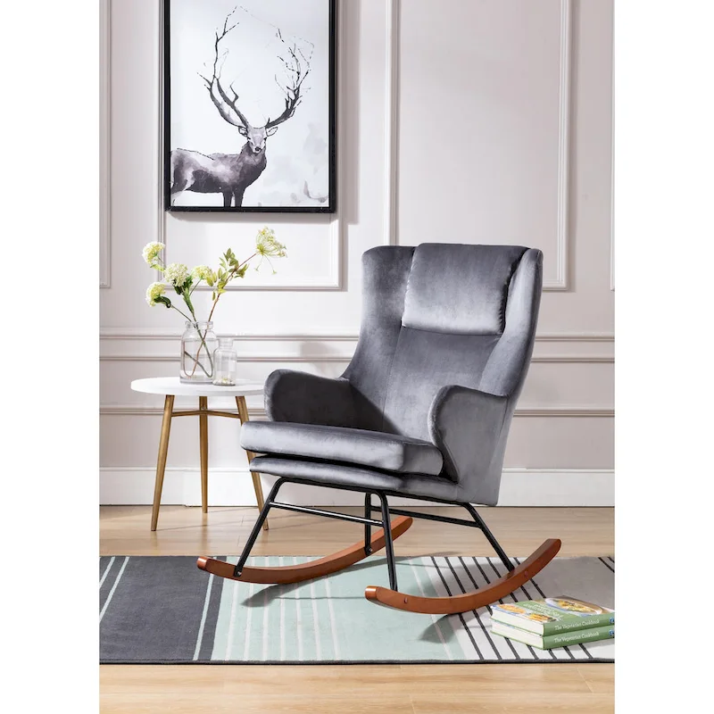 Mid-Century Rocking Accent Chair with Velvet Upholstery and Wood Legs