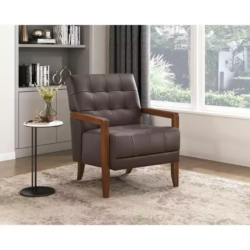 Okak Comfy Leather Accent Chair Contemporary Living Room Chair with Upholstered Tufted Cushion Walnut Finish Wood Armchair