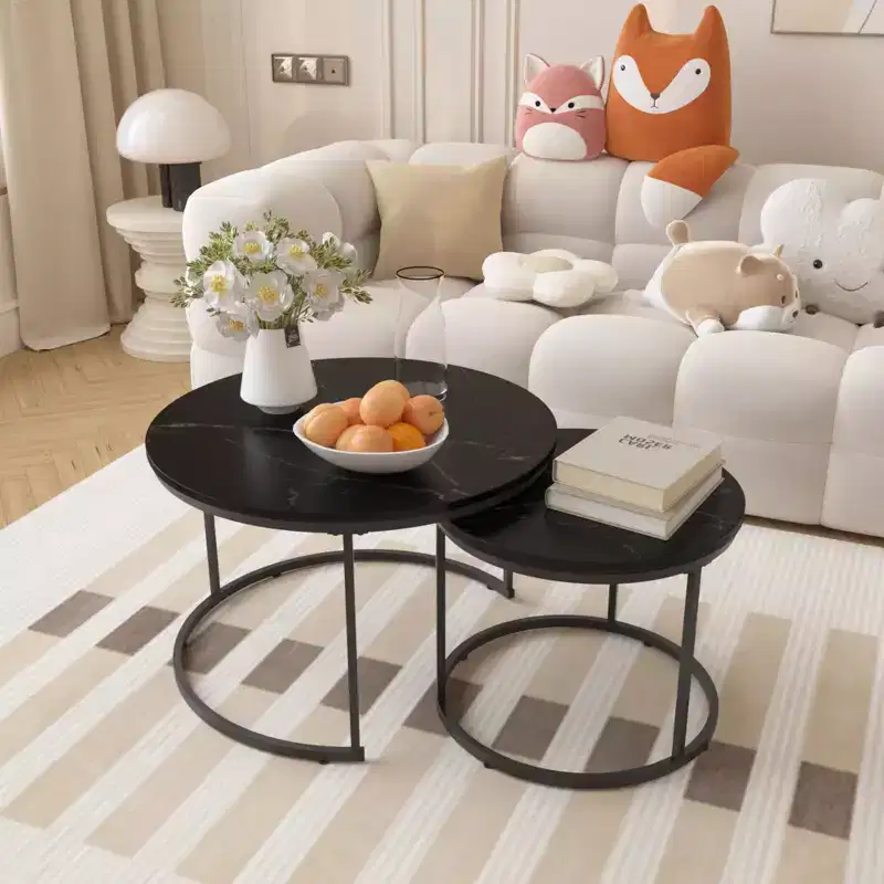 TUYOHW Nesting Coffee Table Set of 2,Round Marble-Pattern Top Cocktail Tables with Metal Legs,19.6+27.5End Tables with 120lbs Capacity