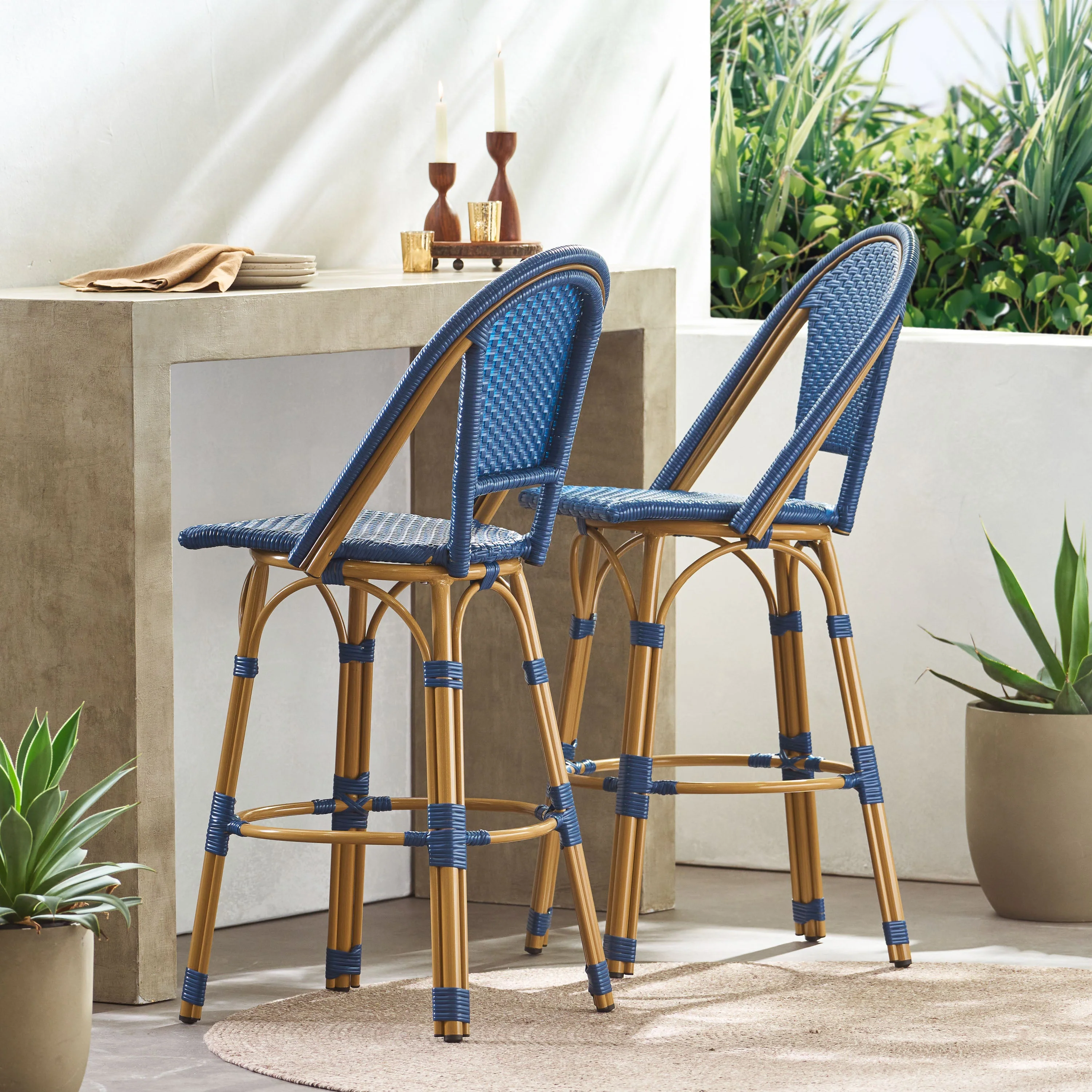 Outdoor French Wicker and Aluminum 29.5 Inch Barstools