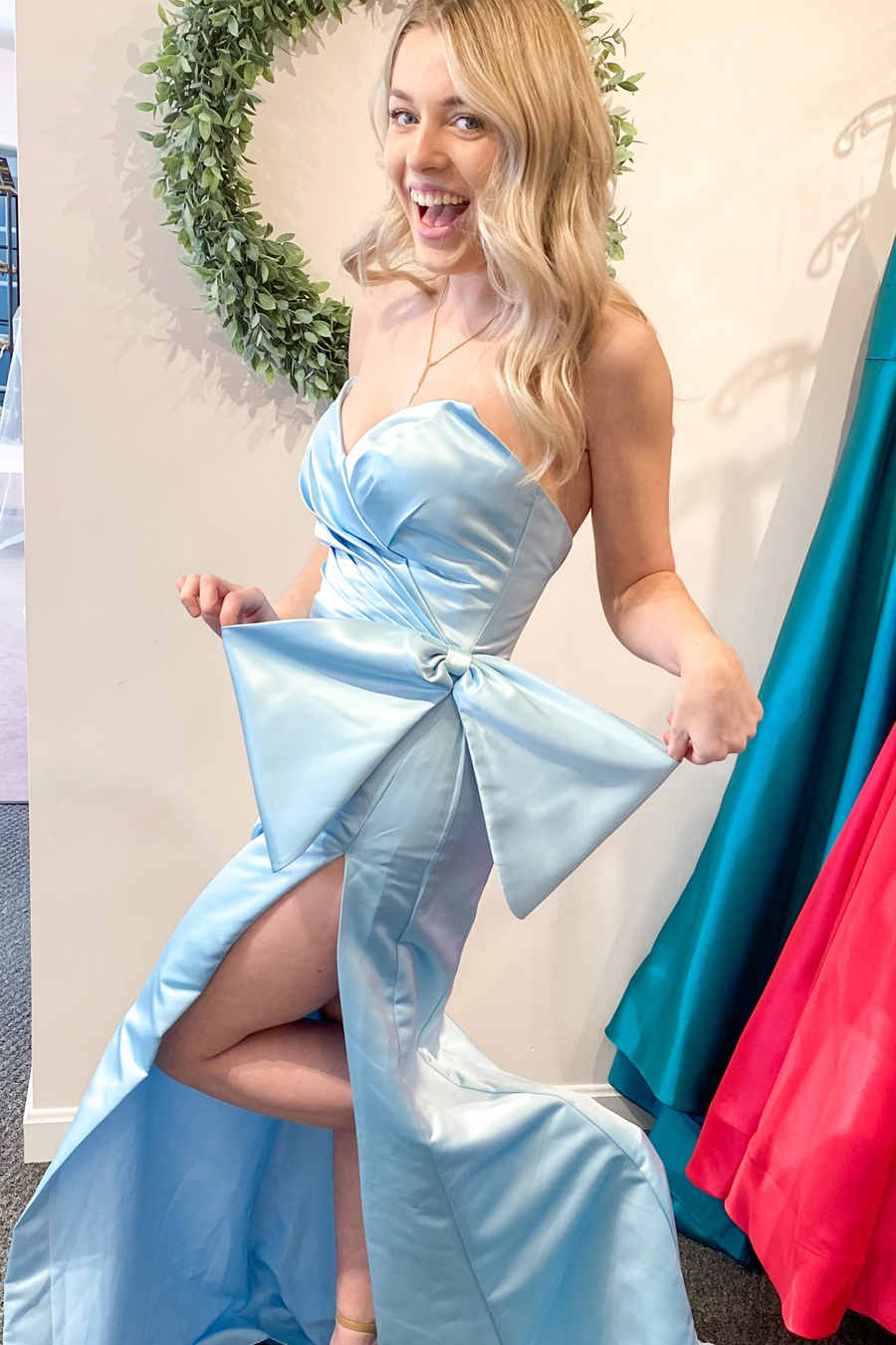 Mermaid Red Strapless Long Satin Prom Dress with Bow Tie