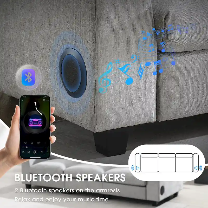 96 Chenille Smart Sectional Sofa with Bluetooth Speaker, Drop-Down Table & USB Charger and 3-Seater Cloud Couch