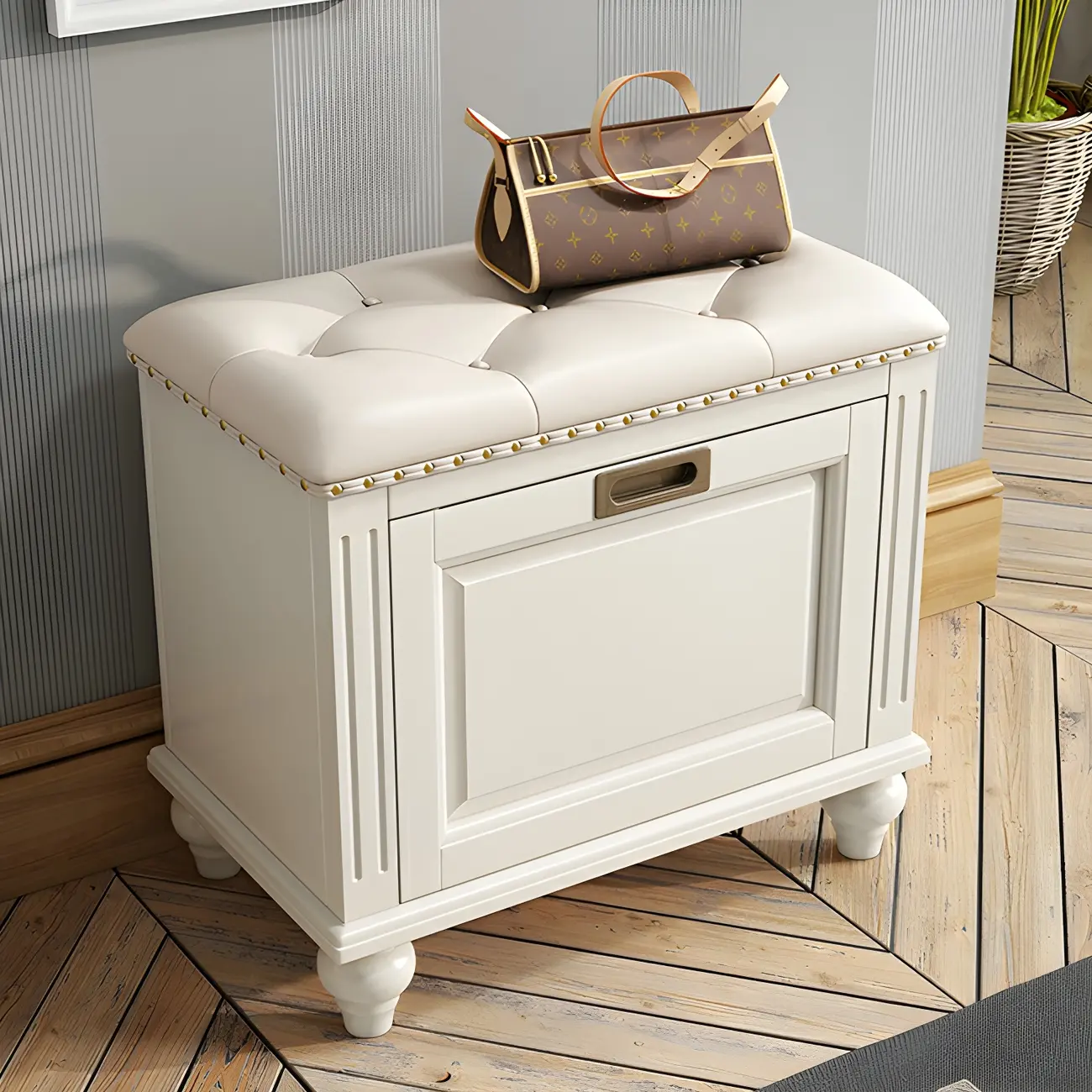Tufted White Upholstered Entryway Bench with Shoe Storage