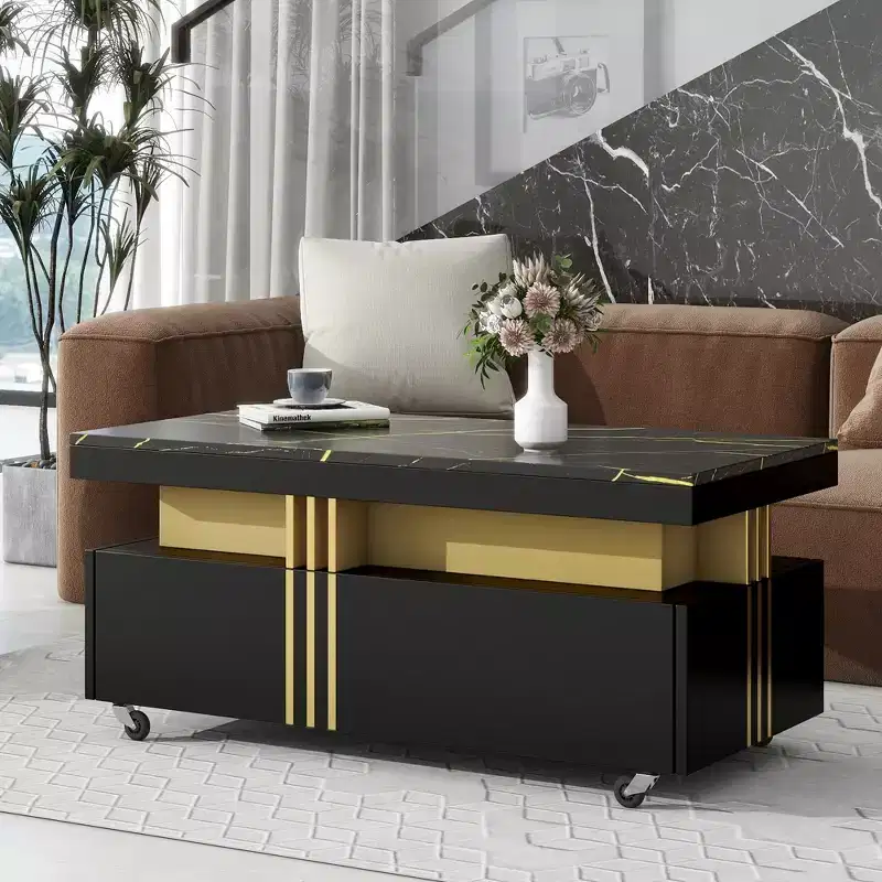 Rectangle Coffee Table with Faux Marble Top and Caster Wheels, Modern Center Table for Living Room, Black