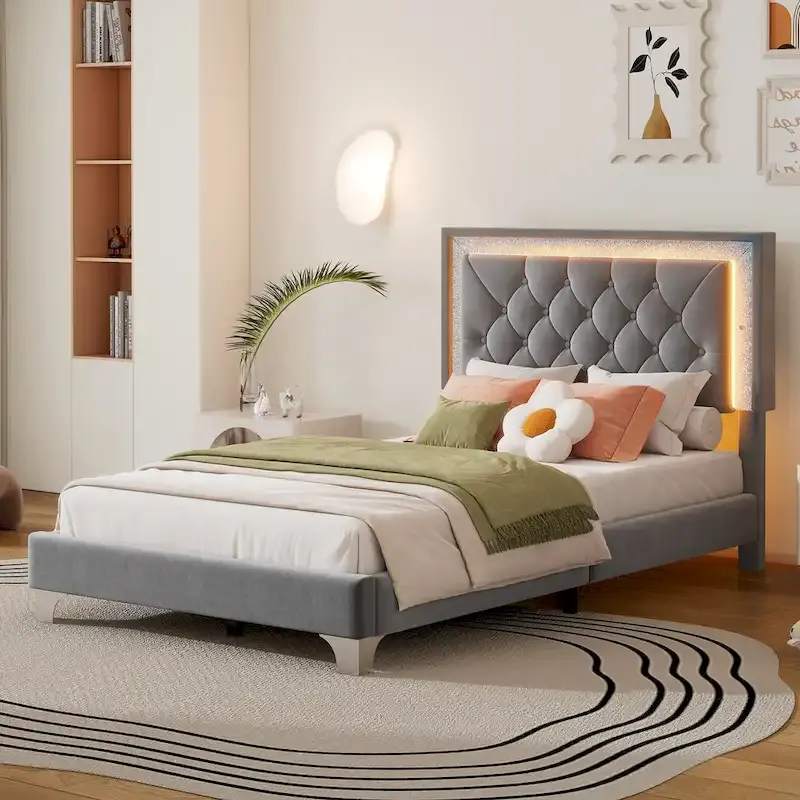 Grey Twin Velvet Upholstered Bed with LED Lights & Tufted Headboard - Single Use