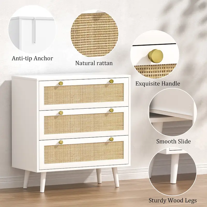 White Rattan 3-Drawer Dresser with Gold Handles — Single