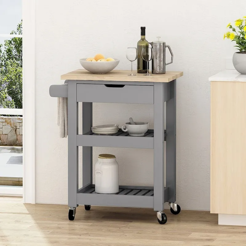 Compact Wooden Kitchen Cart with Wheels Shelves and Drawer by