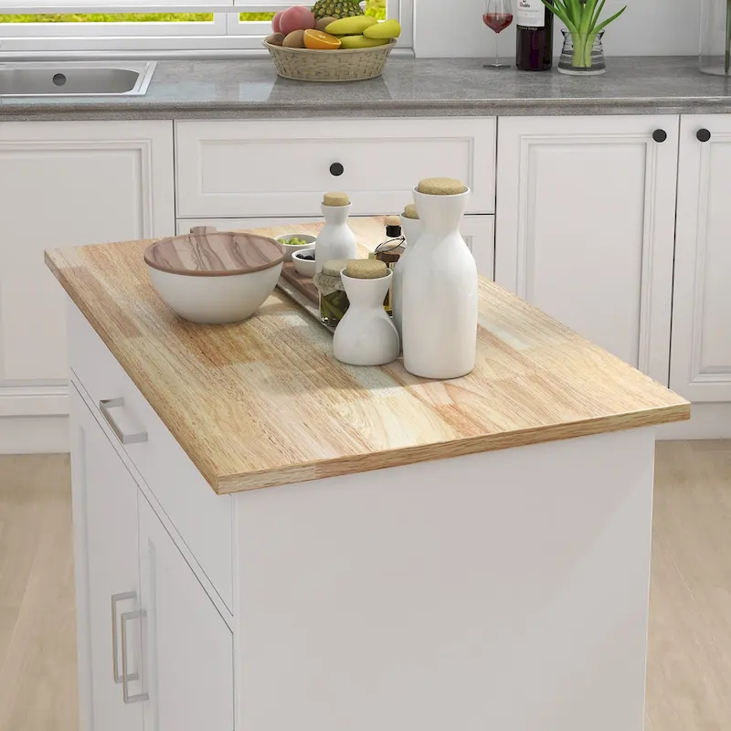 Kitchen Island Cart with Solid Wood Top, Cabinet, Drawers & Locking Wheels
