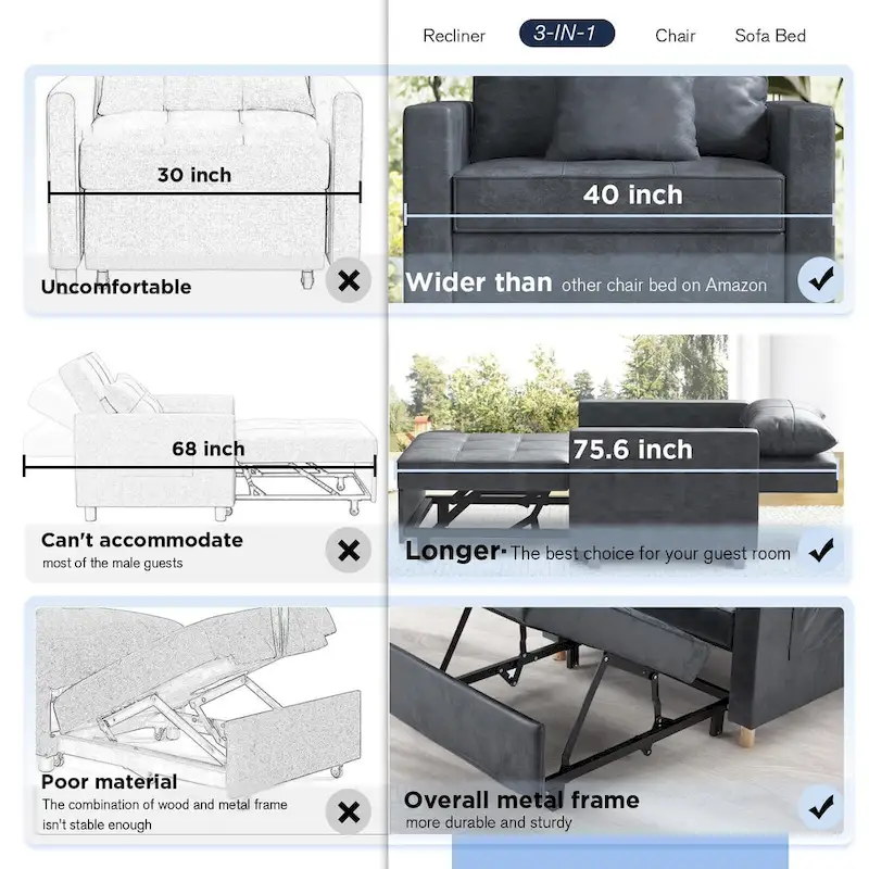 AECOJOY Adjustable Sleeper Chair Bed 3-in-1 Convertible Futon Sofa