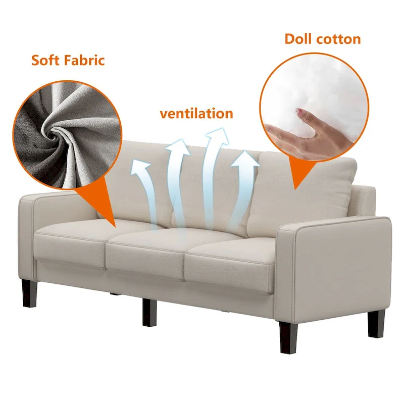 Beige Fabric Sofa with Square Arm and Tufted Back