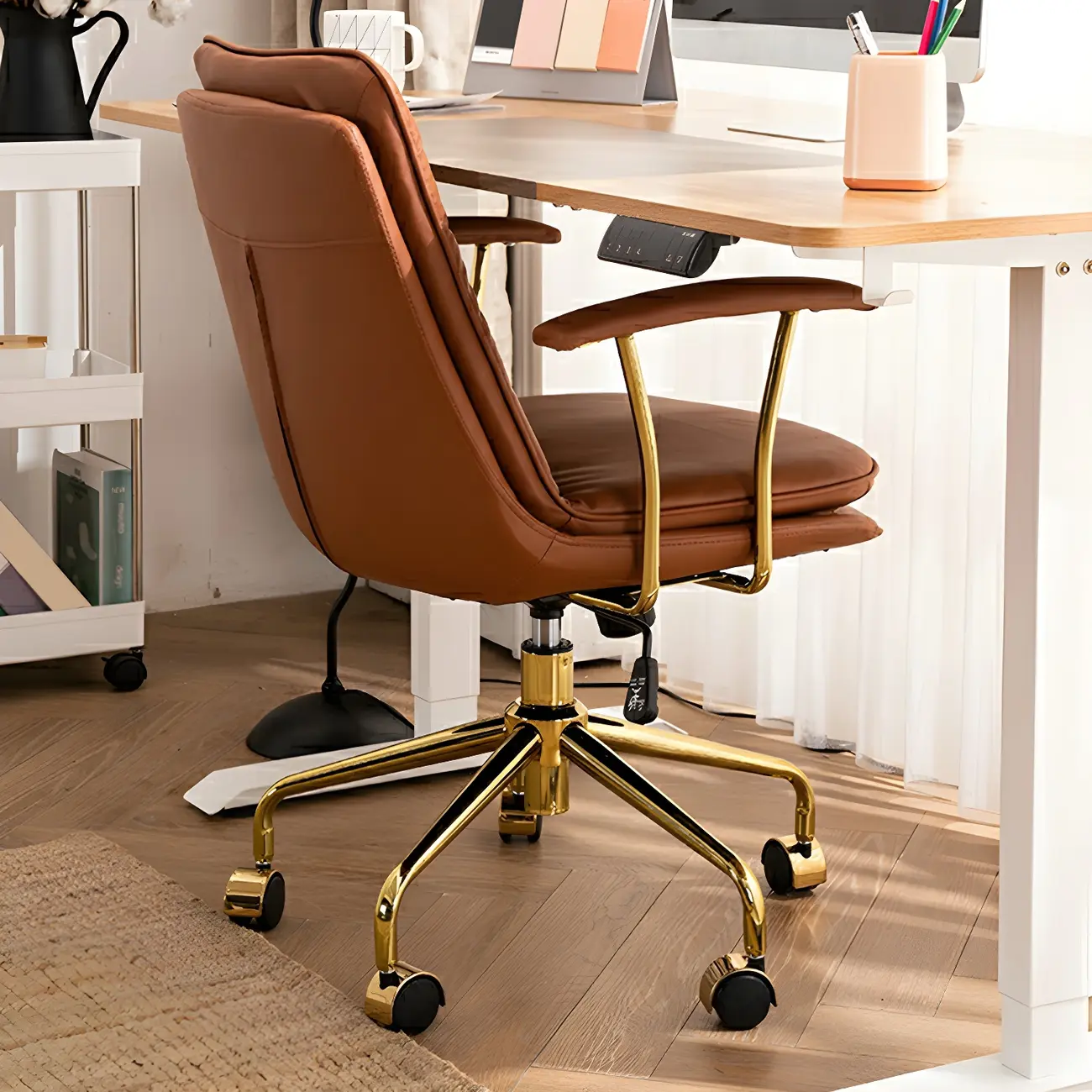 Gold Base Tufted Leather Adjustable Office Chair
