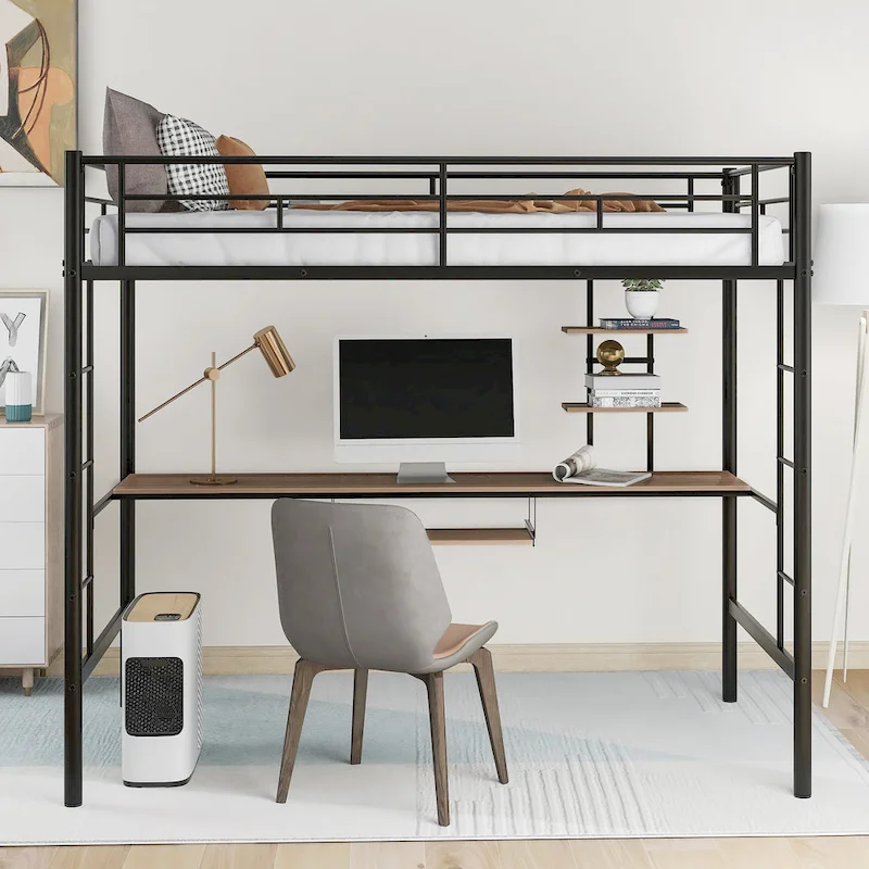Black Twin Size Metal Loft Bed with Desk, Shelf & Dual Ladder | Space-Saving