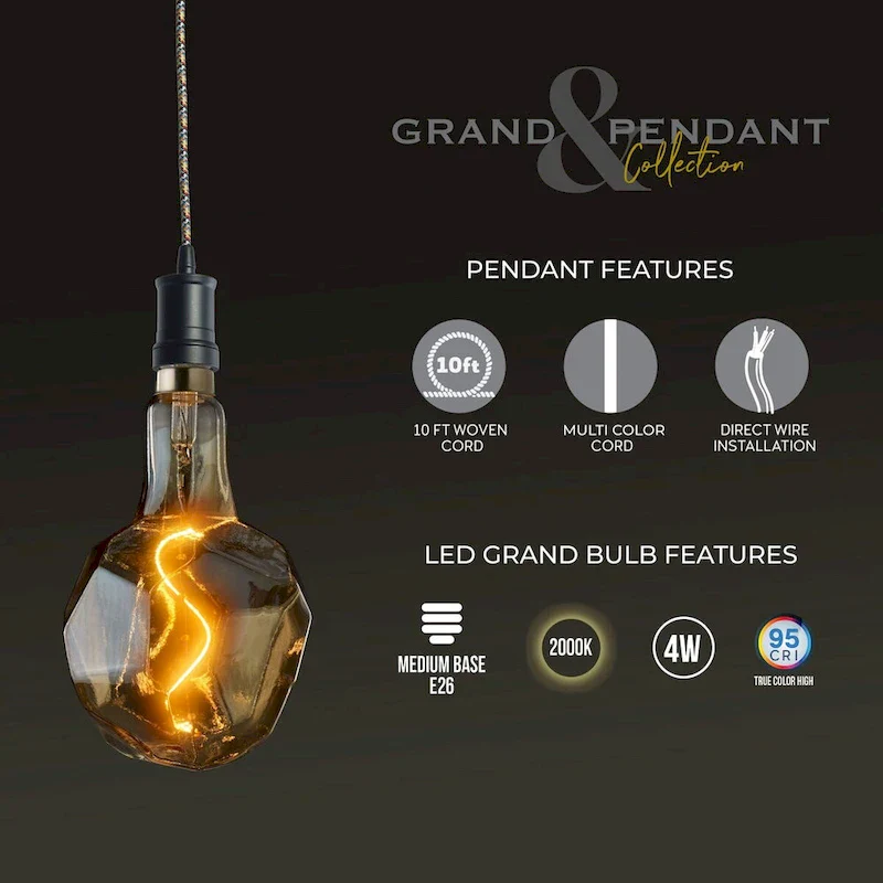 Bulbrite LED Grand Bulb and Pendant Kit of (1) 4 Watt Antique Glass 12  Jewel Shaped Bulb