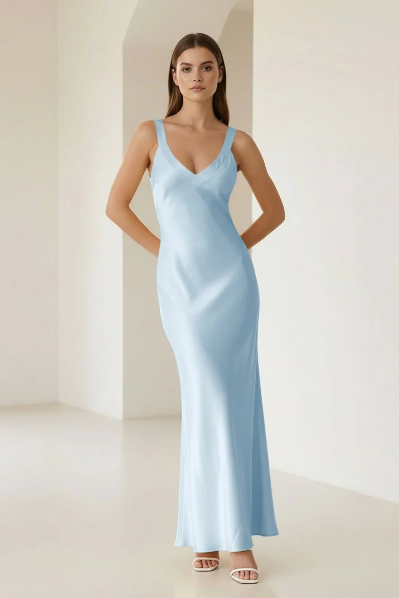 Yellow Mermaid Satin V Neck Long Party Dress