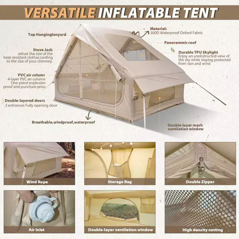 Ycxydr Large Inflatable Camping Tent with Stove Jack Instant Waterproof Blow Up Air Glamping Tent with Skylight for Family 4-6 Person 4 Season Outdoor