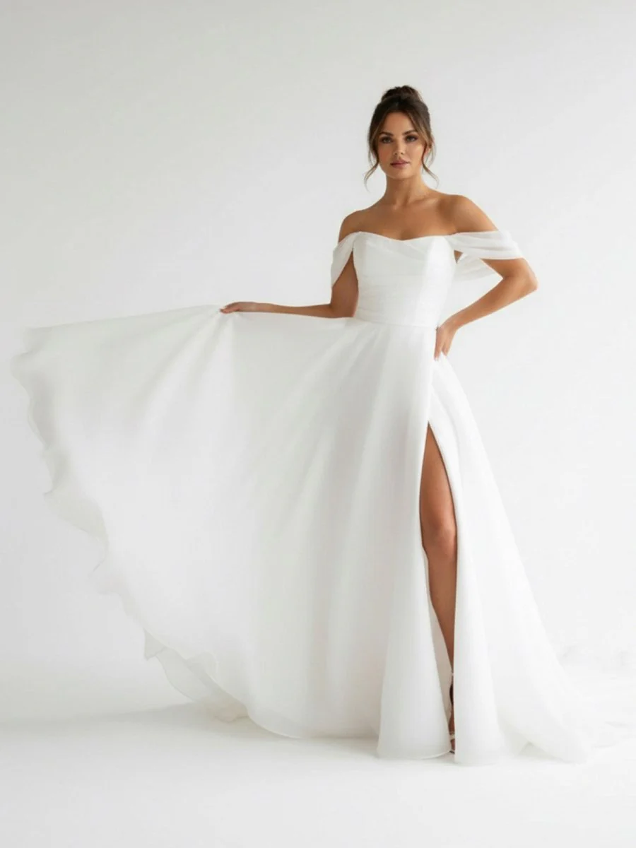 Elegant White Off-the-Shoulder Long Wedding Dress with Slit