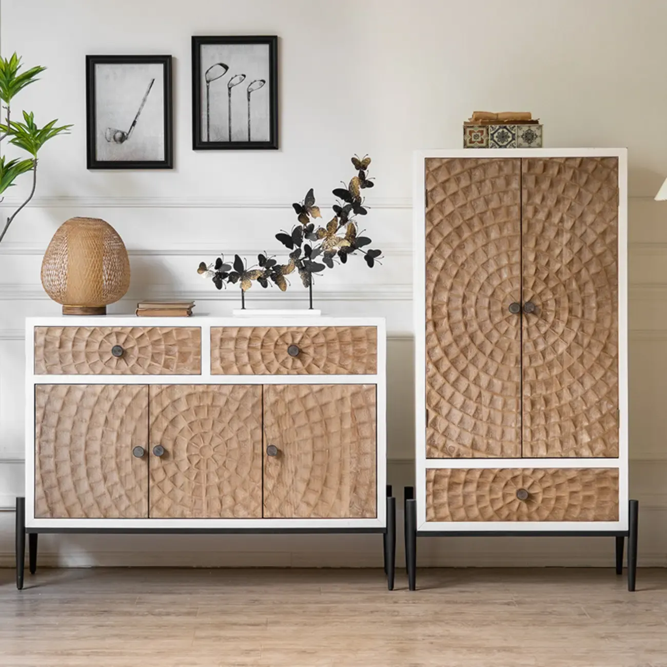 Freestanding Rustic Rectangle White Wood Iron Base Cabinet