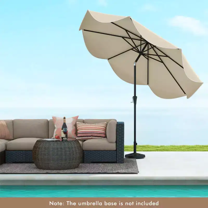 Costway 9 FT Patio Umbrella 2-Tier Market Table Umbrella with Crank Handle & 8 Ribs Beige/Navy