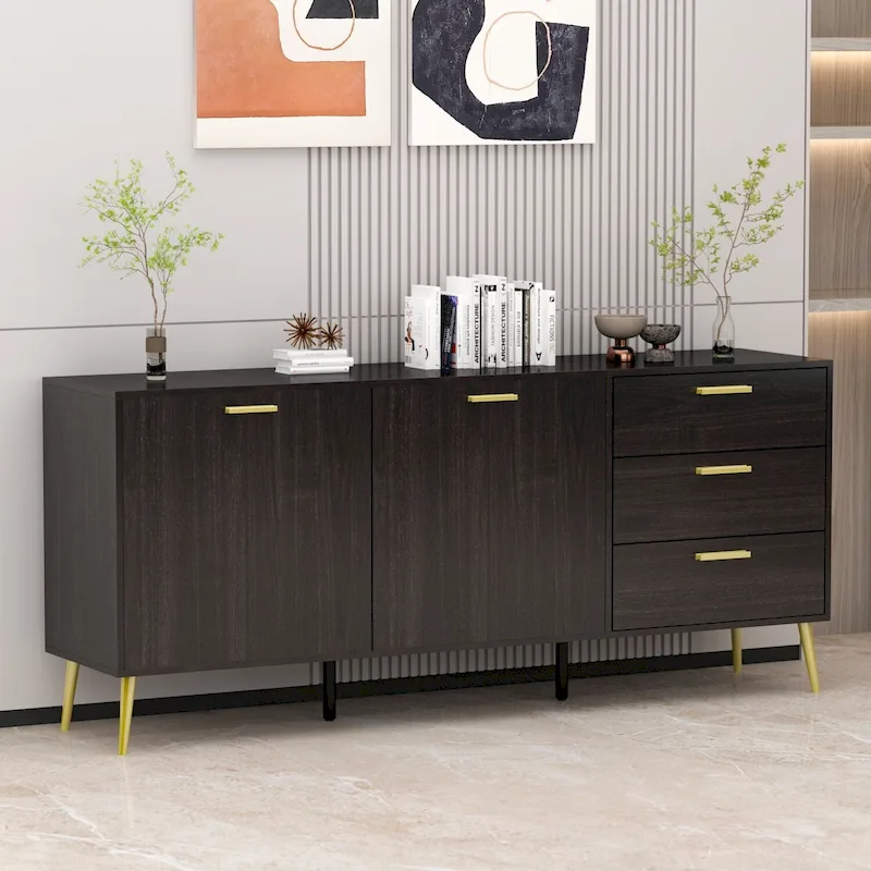 Buffet Sideboard Cabinet with 3 Drawers & 2 Doors, Espresso/White